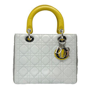 Christian Dior Lady 2way Shoulder Bag leather blue gray yellow silver